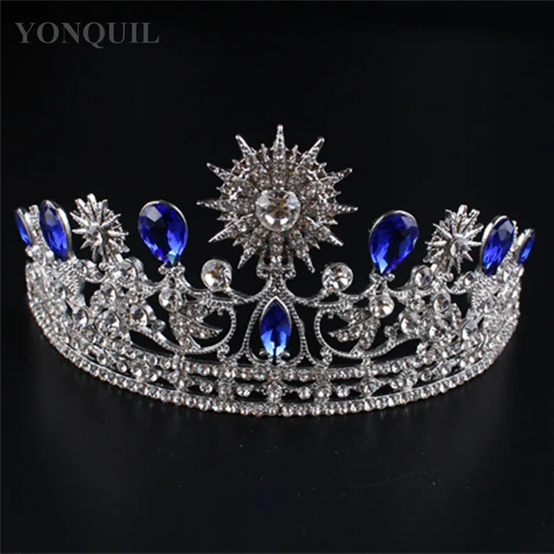 

Luxury Blue Wedding Pageant Tiara Headband Crystal Bridal Crown For Bride Jewelry Hair Accessories Occasion Headpiece