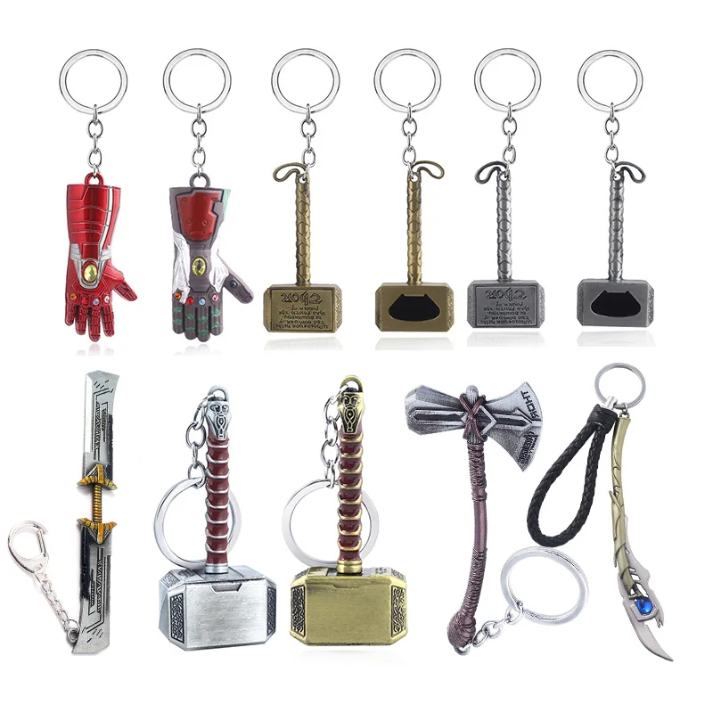 15pcs/lot The Avengers Wholesale Iron Man Infinity Gauntlet Keychain Thor Axe Hammer Enamel Weapon Metal jewelry Men Car Keyring