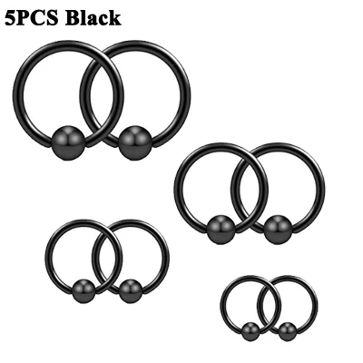 Black 5 шт. стальное кольцо из бисера BCR кольцо для губ кольцо для носа и уха трагус хрящи пирсинг для соска кольцо ювелирные изделия для тела серьги 16 г 18 г - Окраска металла: Black