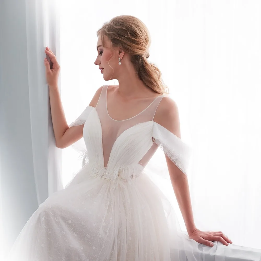 Walk Beside You Robe De Mariee свадебное платье романтическое с открытыми плечами прозрачное с вырезом перламутровые с завышенной талией кружевные свадебные платья