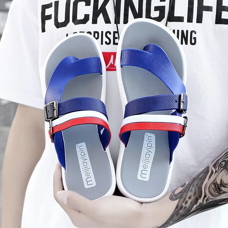 blue slipper men Кожаные сандалии летние Мужские тапочки Пляжные сланцы - Цвет: blue slipper men