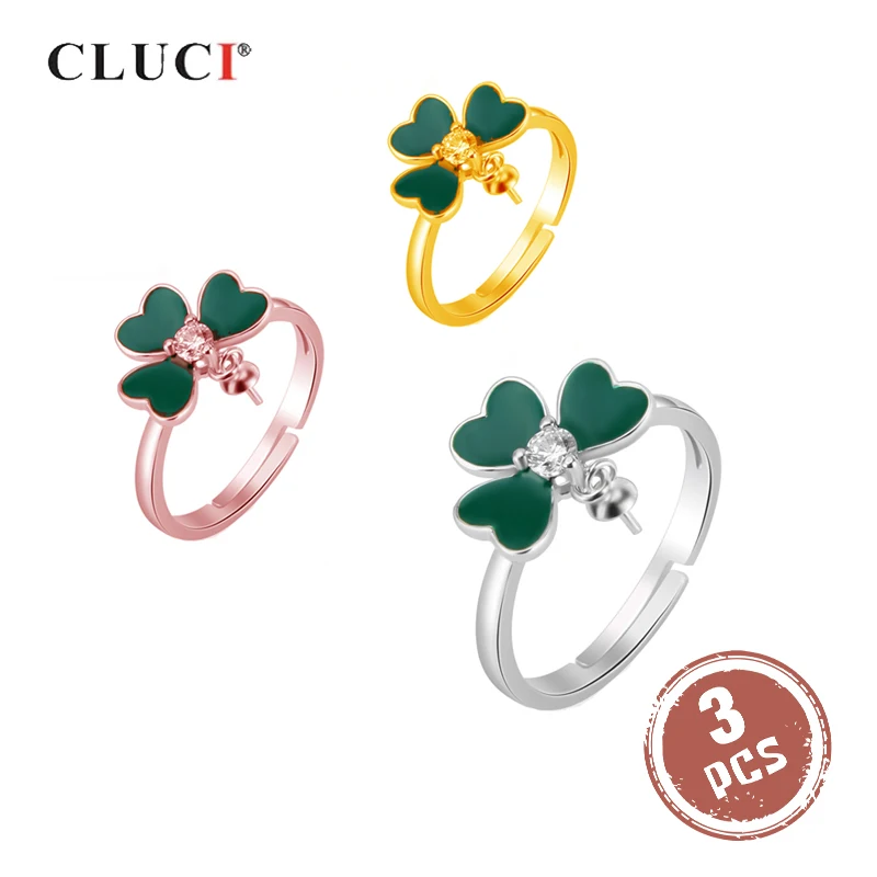 

CLUCI 3pcs Silver 925 Clover Ring Jewelry Pearl Ring Mounting 925 Sterling Silver Clover Ring for Saint Patrick's Day SR2156SB