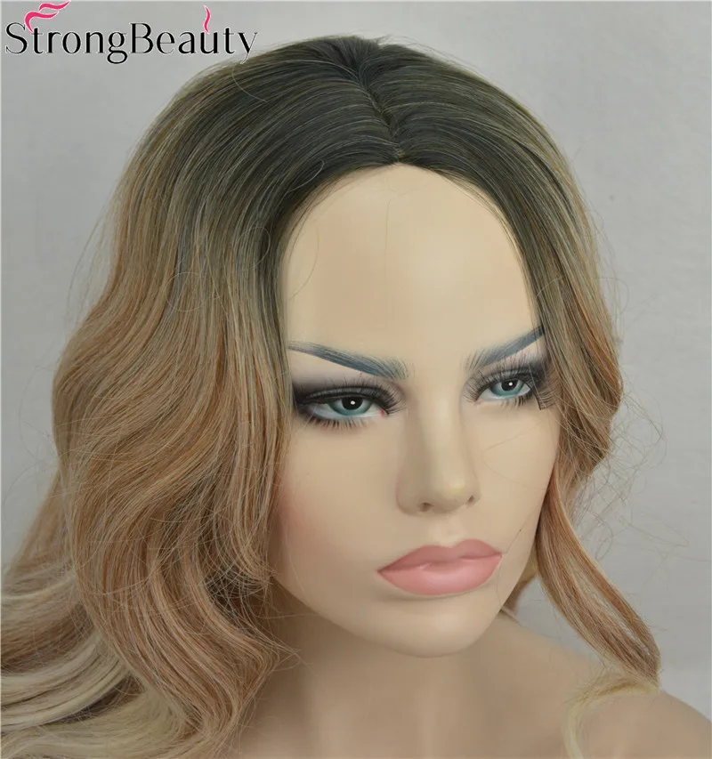 

Strong Beauty Long Synthetic Golden Ombre with Dark Root Wigs Wavy Wig Women Hair