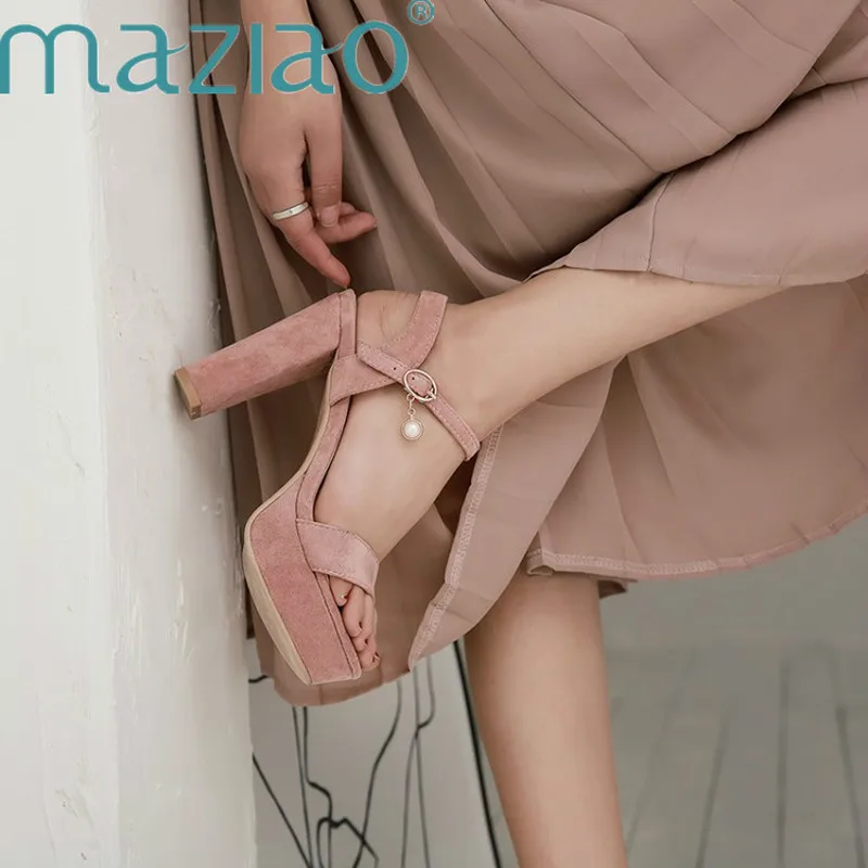 Сандалии MAZIAO женские на высоком массивном каблуке босоножки из флока с ремешком