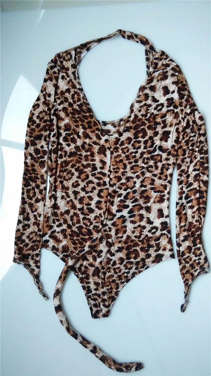 Сексуальное женское белье облегающее боди с длинным рукавом и леопардовым