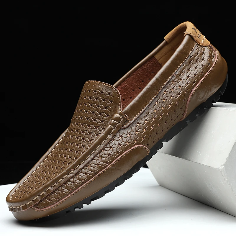 Hollow out Khaki Итальянская мужская повседневная обувь роскошные Брендовые мужские лоферы из натуральной кожи мокасины мягкие дышащие водонепроницаемые Мокасины без шнуровки размера плюс 37-47 - Цвет: Hollow out Khaki