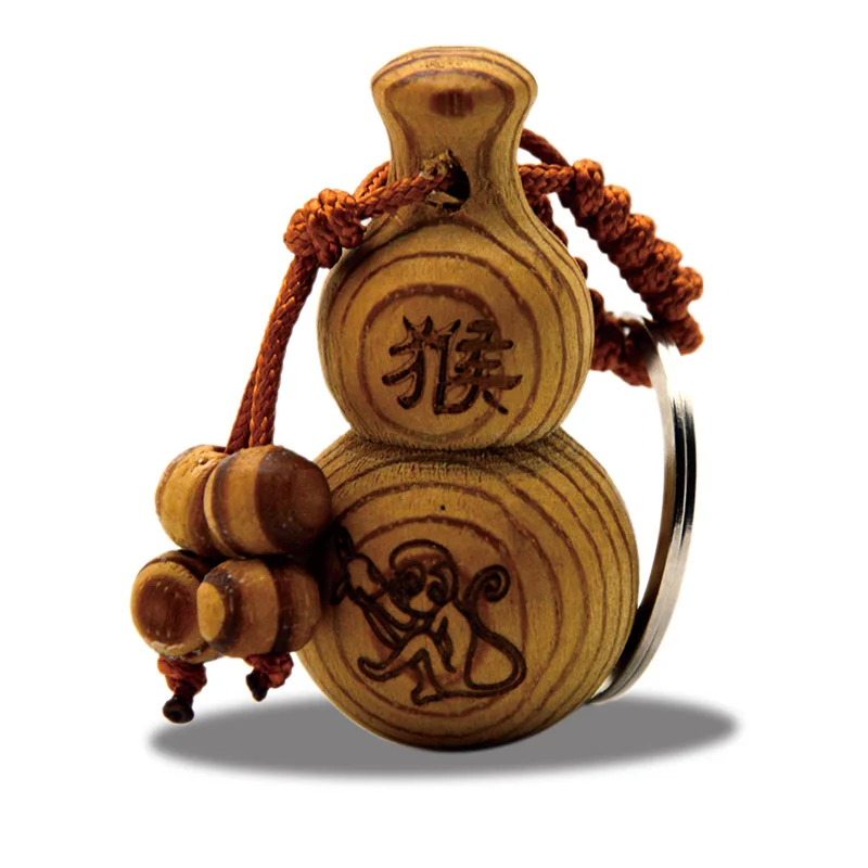 

Feng Shui Peach Wood The Chinese Zodiac Gourd wu lou Keychain Wood Carved Amulet Vintage Home Decoration Accessories