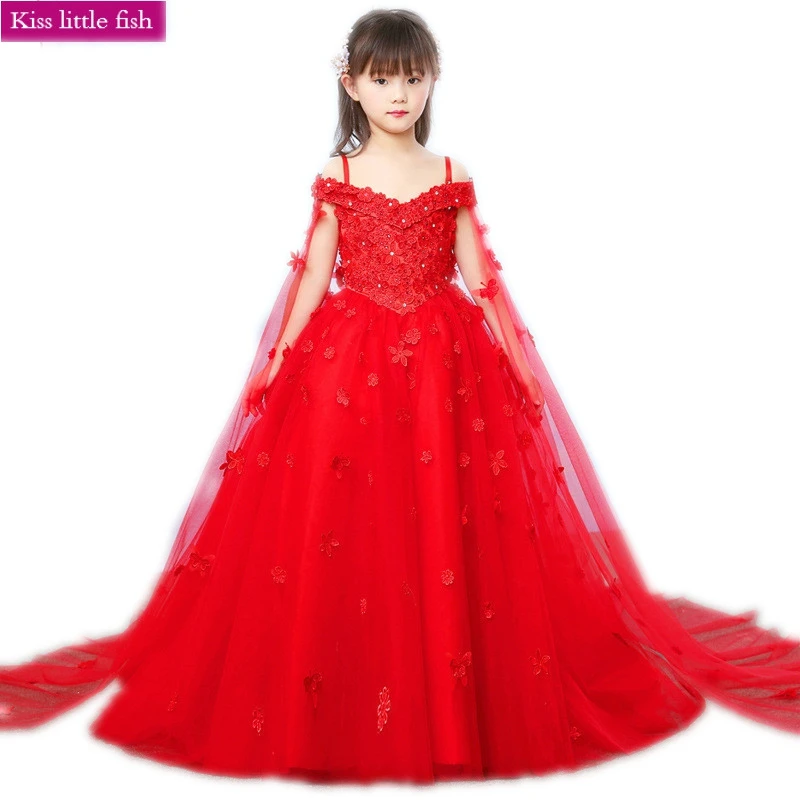 ; Красные Длинные Пышные Платья для девочек; Vestido infantil festa; платье с цветочным рисунком