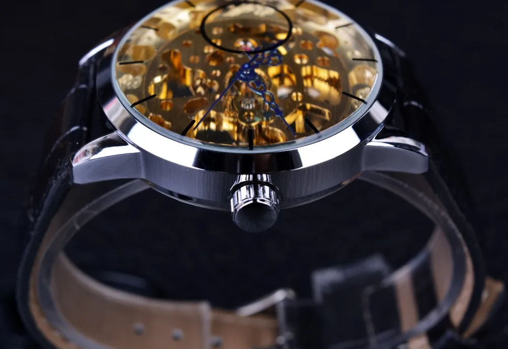 Часы Winner мужские модные повседневные механические с синими стрелками и золотым