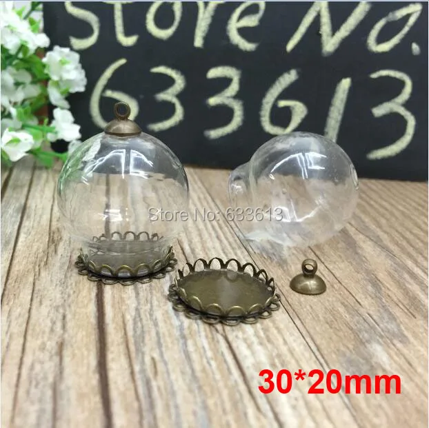 

Free Ship! *set* 10sets/lot 30mm (20mm opening) Glass globe & lace setting base & 8mm one cap set glass bottle vials pendant DIY