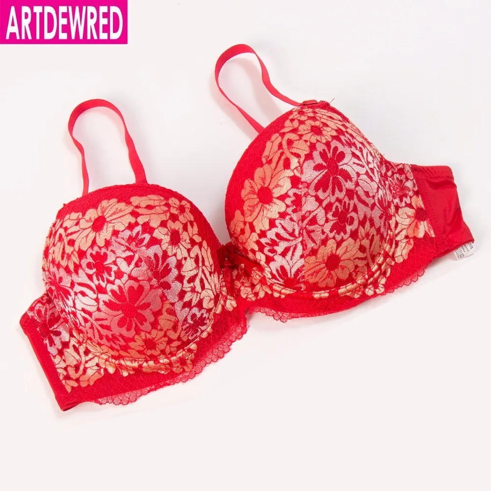 ARTDEWRED сексуальные женские бюстгальтеры с вышивкой кружевные бюстгальтеры больших размеров пуш-ап 40 42 44 46 48 бюстгальтер без косточек - Цвет: Красный