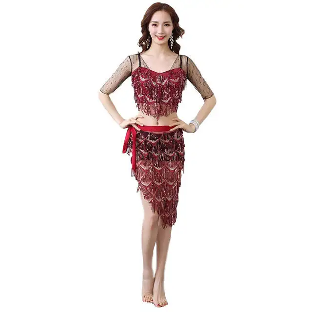 red short belt Новая мода Женская одежда для танца живота эластичная сетка сверкающие блестки над юбкой бахрома хип шарф костюм комплект из 2 предметов Топ и пояс - Цвет: red short belt