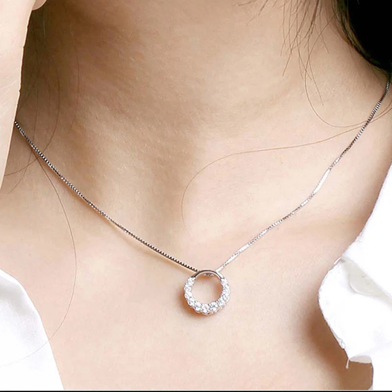 XIYANIKE Hot Sale Promotion Shiny Zircon Crystal Circle 925 Sterling Silver Women's Pendant Necklaces Jewelry Gifts VNS8561