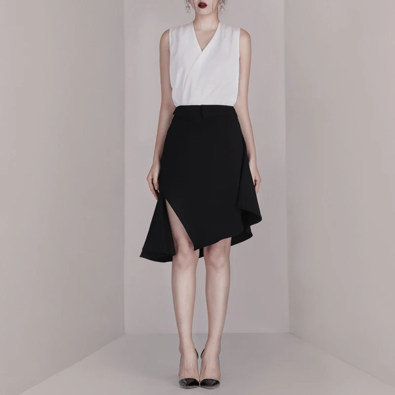 INDRESSME 2019 New Women Two Piece Sets Fashion V Neck Sleeveless White Top Sexy Office With Midi Black Skirt Casual |