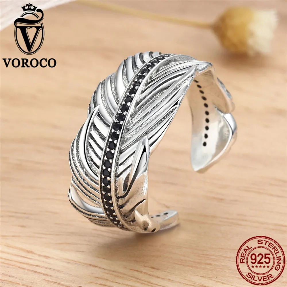 VOROCO 925 пробы серебряные винтажные черные циркониевые паве шикарные перо широкие