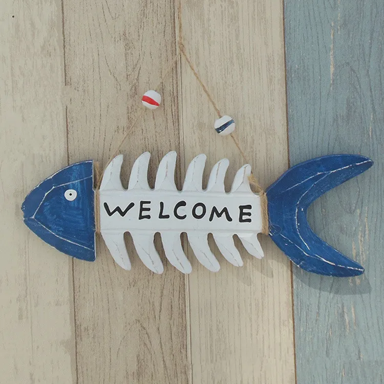 

1PC Mediterranean Style Creative Wooden Fish Bone Welcome Card Home Decor Decorative Plaque Bars Welcome Wall Door Hanger MP 001
