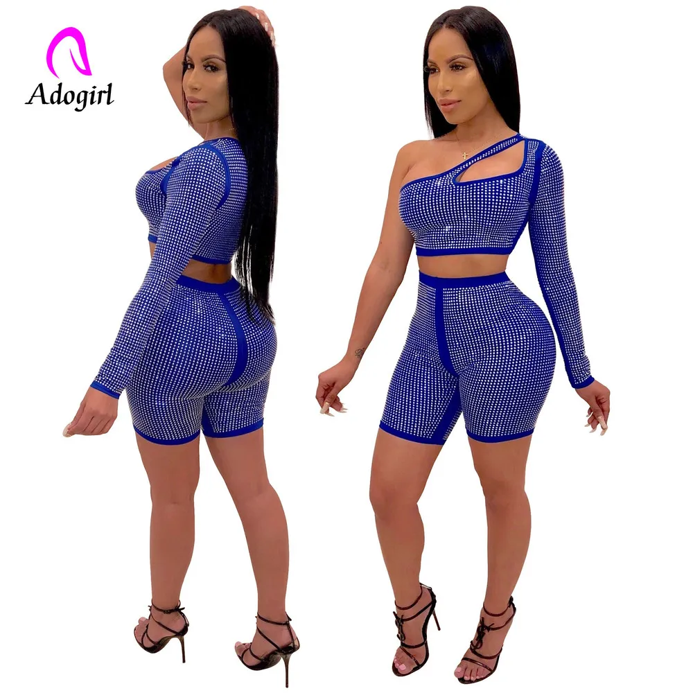 Королевский синий женский костюм с бриллиантами сексуальный из 2 предметов