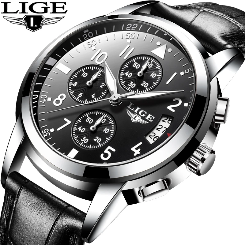 LIGE мужские повседневные кожаные бизнес часы мужские s часы Топ Роскошные Кварцевые наручные часы мужские спортивные водонепроницаемые хронограф Montre Homme