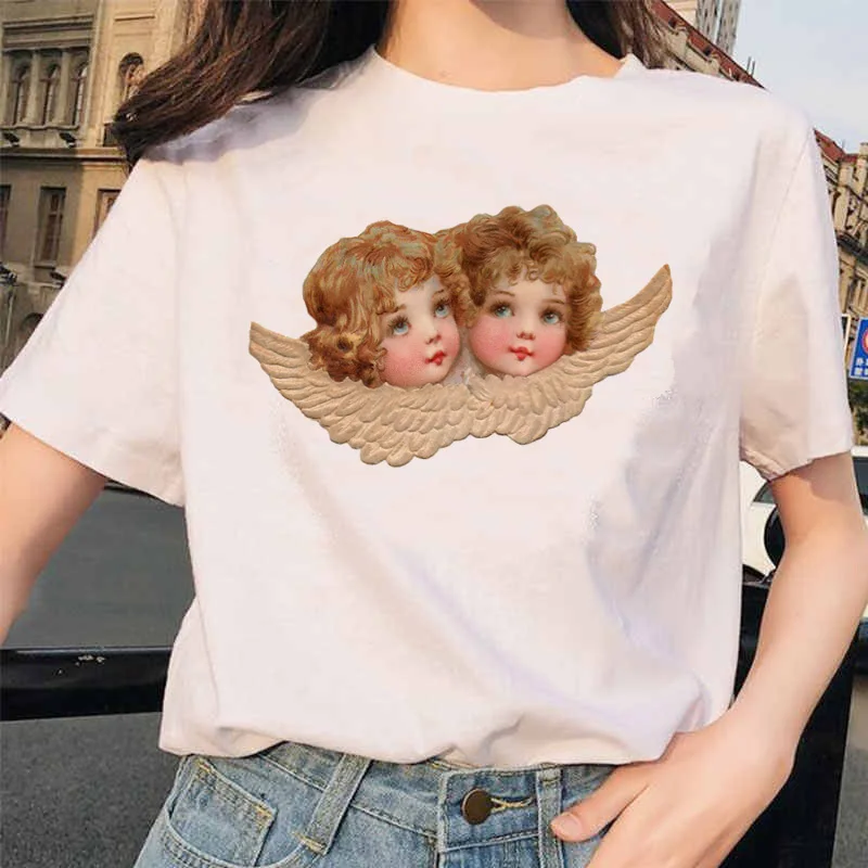 Angel Fashion Tees футболка Ullzang женская футболка с принтом Harajuku 90s Kawaii Одежда Футболка Топ летний Vogue grunge women ulzzang