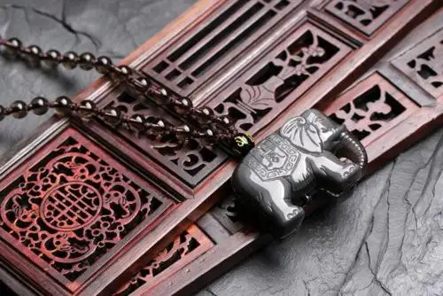 Koraba Fine Jewelry Natural Color Obsidian Hand Carved Lucky Elephant Pendant +Bead Necklace Free Shipping | Украшения и
