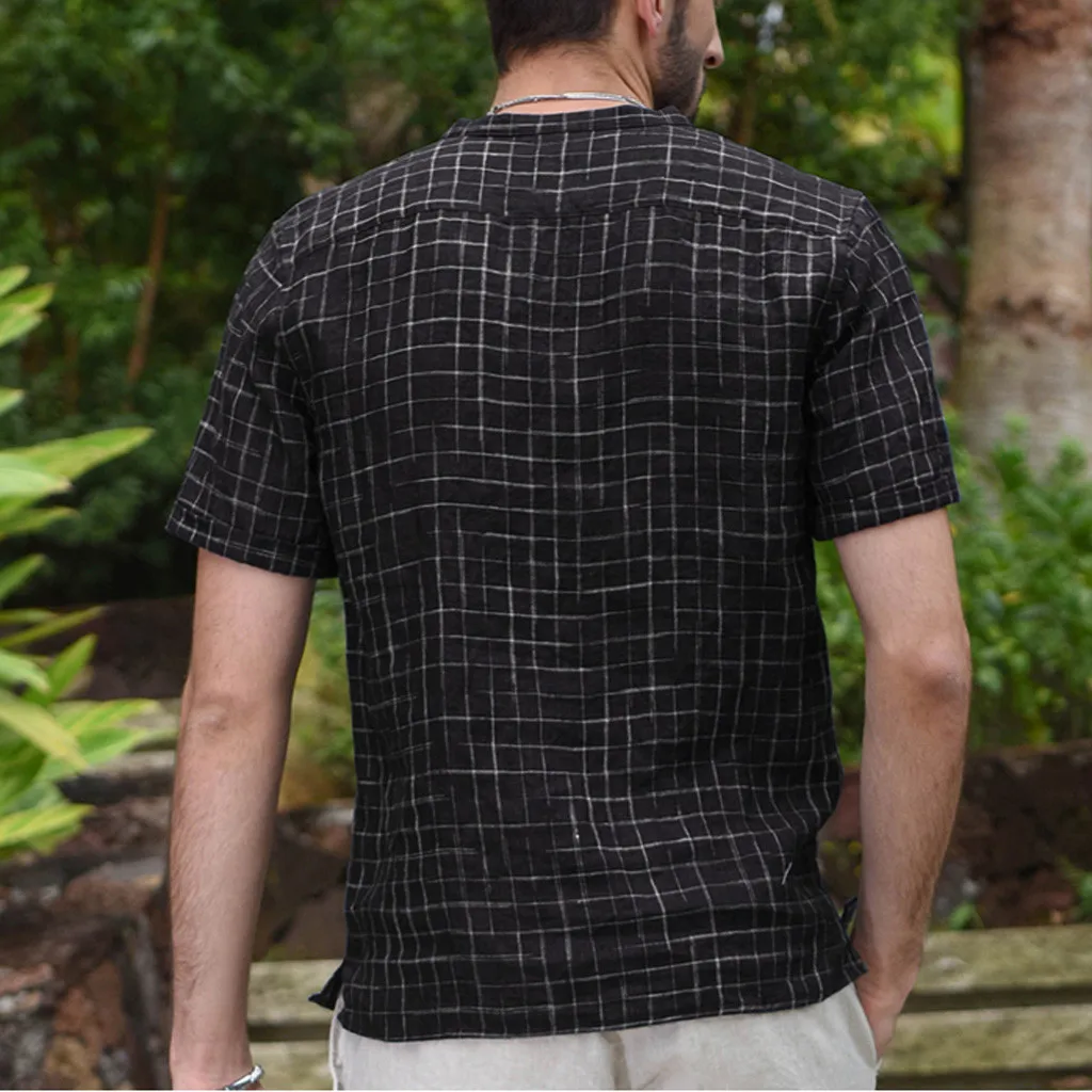 Camisa masculina Для мужчин Винтаж Сращивание Кнопка плотный льняной пиджак короткий рукав Ретро Рубашки, Топы, блузки