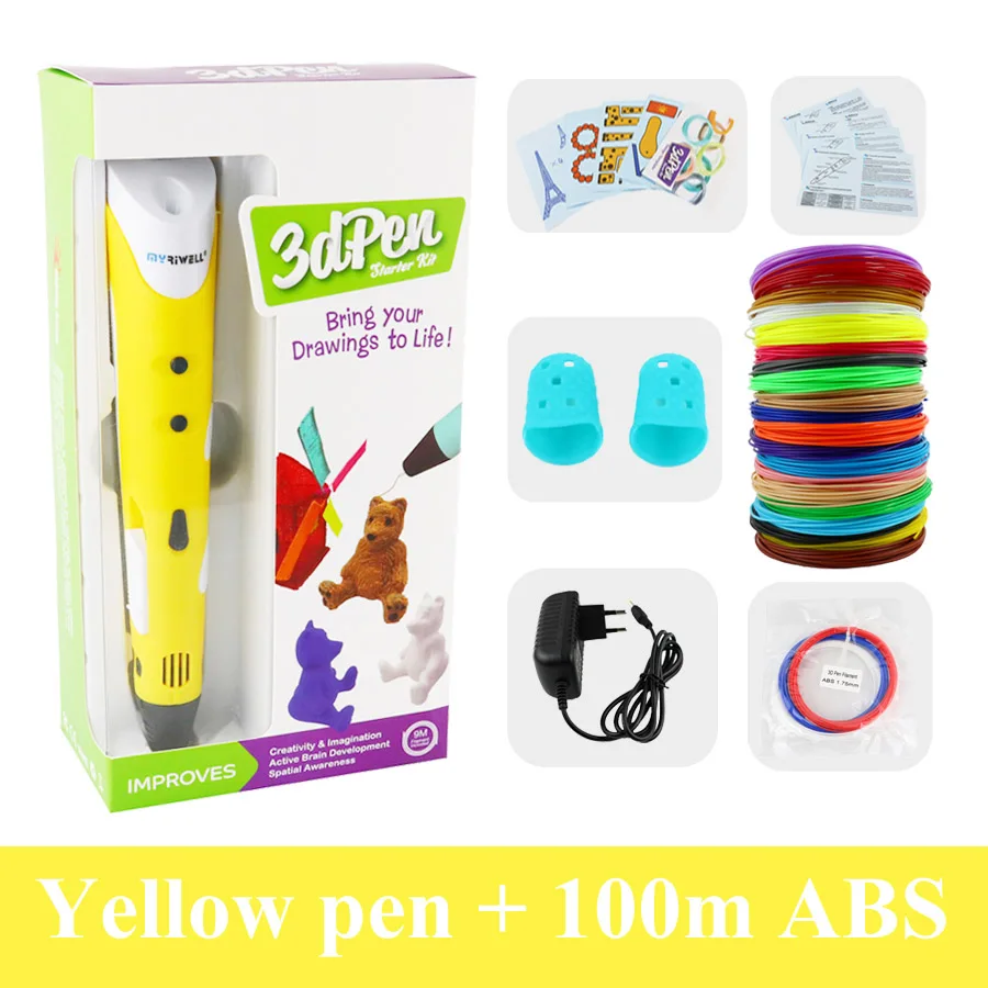Yellow with 100m ABS Myriwell RP-100A 3d Ручка или 100 м 1,75 мм abs 3d принтер Ручка 3d печать Ручка Рождественский подарок для детей Рисование игрушки подарок на год - Цвет: Yellow with 100m ABS