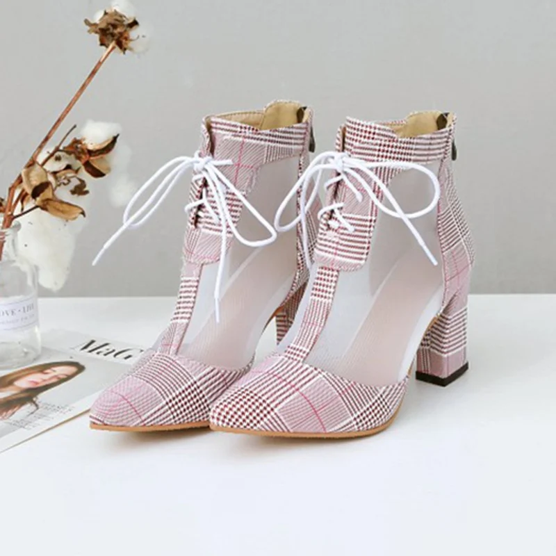Pink Женские брендовые ботильоны REAVECAT, дышащие полусапожки для весны, лета и осени с острым носком, ботильоны на высоком толстом блочном каблуке с сеткой и застежкой-молнией - Цвет: Pink