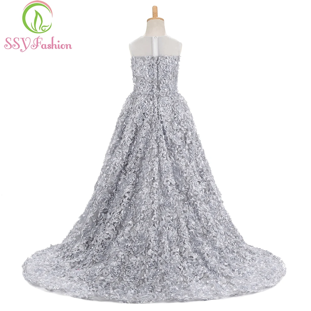 SSYFashion/новые милые розовые кружевные платья с цветочным узором для девочек на