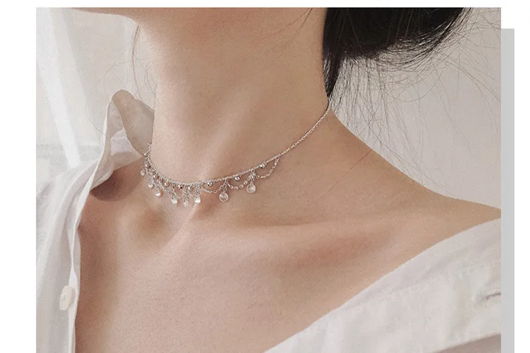 New Aaa Sparking Cz Dots 8 Charms Crown Link Chain Thin Sterling Silver 925 Tassel Design Women Chokers Necklace