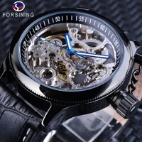 forsining skeleton clock blue hands gear bezel black genuine leather screw crown cap design men mechanical watch luminous hands