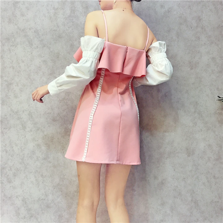 2018 Новый Для женщин Элегантный Весна summerruffles тонкий черный розовый платье без