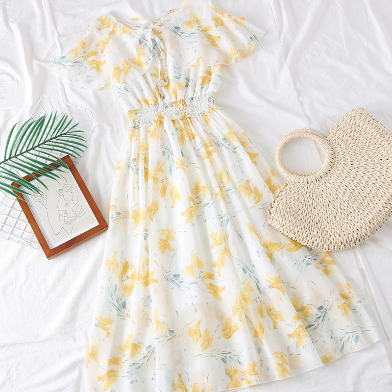 SKOONHEID летнее богемное длинное шифоновое платье с цветочным рисунком эластичные