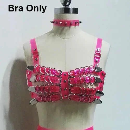 Bra Only Ручной работы неоновый розовый шипами Ошейник Жгут 4 ряда клетчатый укороченный топ бюстгальтер винил ПВХ Связывание Пояс Талия юбка платье цепи - Цвет: Bra Only