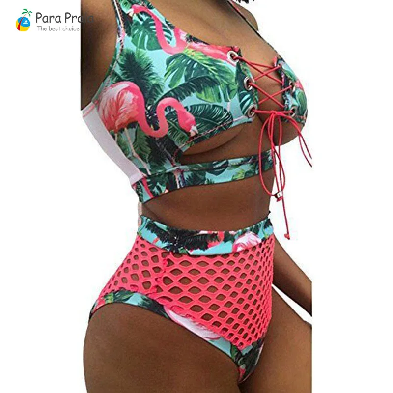 Para Praia сетчатые купальники с высокой талией полосатый Женский купальник бандаж