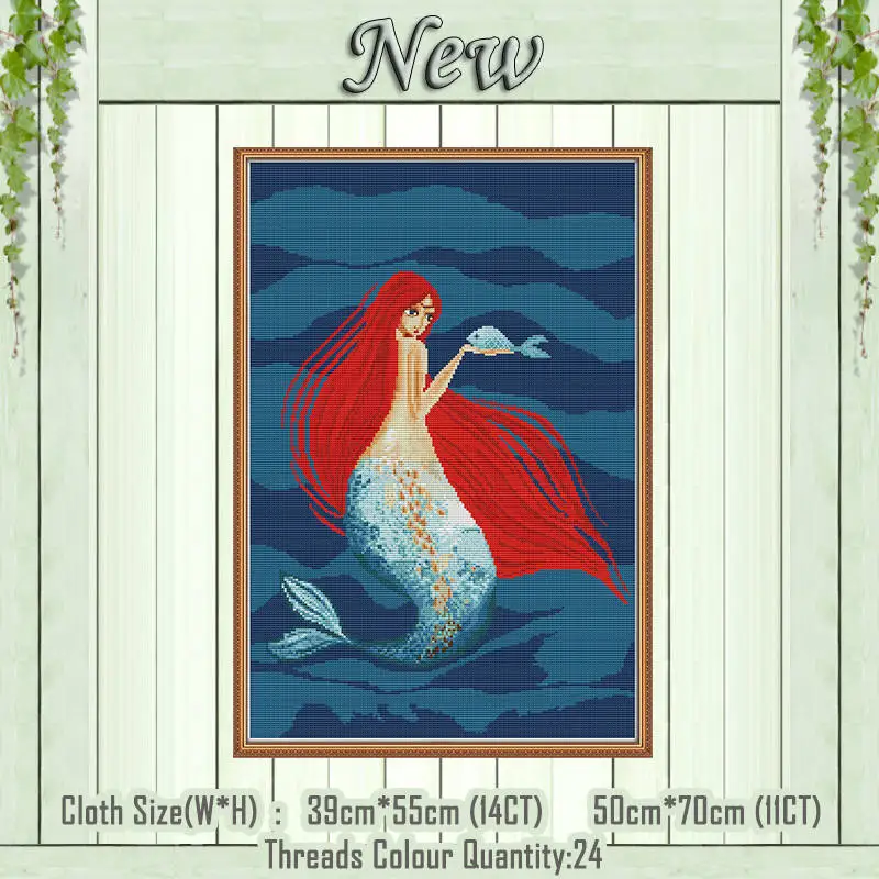 Red haired mermaid Маленькая Русалочка Мультфильм diy картина Счетный напечатанный на холсте DMC 14CT 11CT китайский вышивка крестиком наборы для вышивания - Цвет: Red haired mermaid