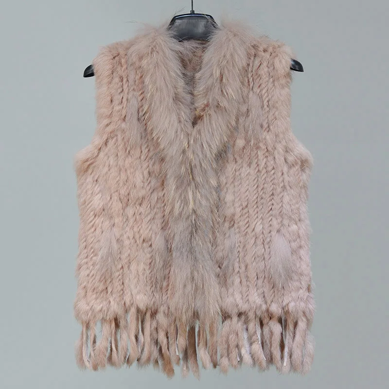 light khaki Новые цвета, женский жилет из натурального кроличьего меха, пальто с кисточками и воротником из меха енота,, Прямая поставка VR032 - Цвет: light khaki