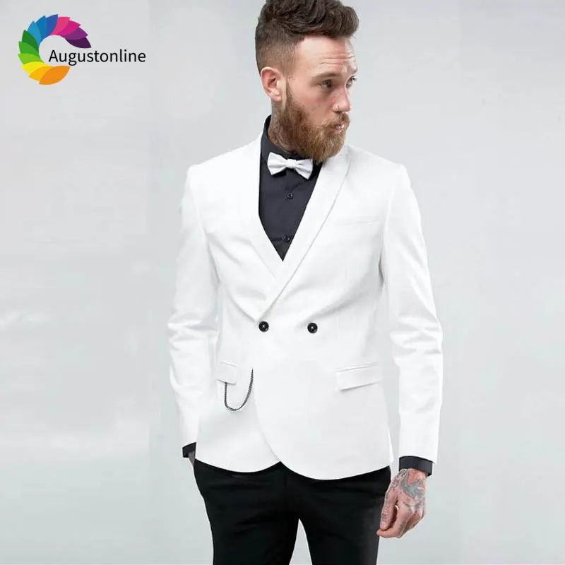 

2019 White Elegant Groom Tuxedo Costme Homme Terno Masculino Blazer Peaked Lapel Double Breasted Men Wedding Suits Jacket Pants