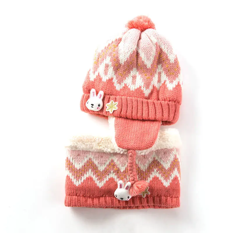 Hat And Scarf Детские шапочки унисекс, комплект с шапочкой для детей, с рисунком животных, в полоску, вязанная бархатная шапка и шарф, зимний теплый костюм, комплект, перчатки для девочек - Цвет: Hat And Scarf