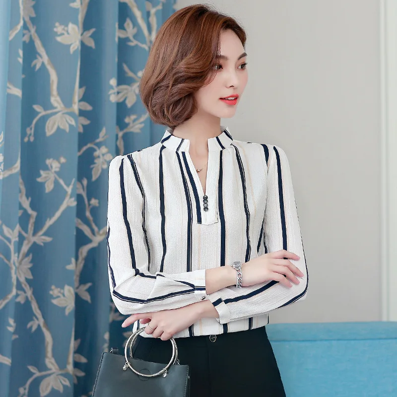 Spring Autumn Chiffon Shirt Women V-collar Striped Casual Blouse Office Ladies Temperament Thin Fashion Plus Size Work Top H9138
