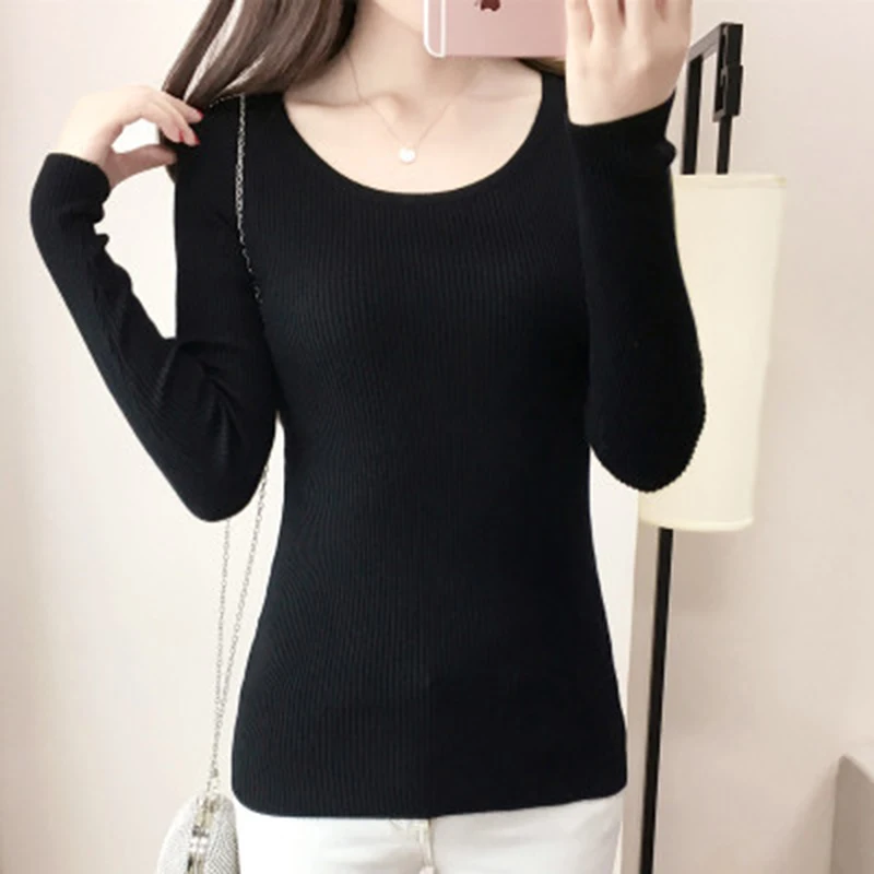 2018 Spring Women O-Neck Sexy Elastic Knitted Sweater Pullover New Brand Female Long Sleeve Top Bottom Shirt Jumper F806 | Женская