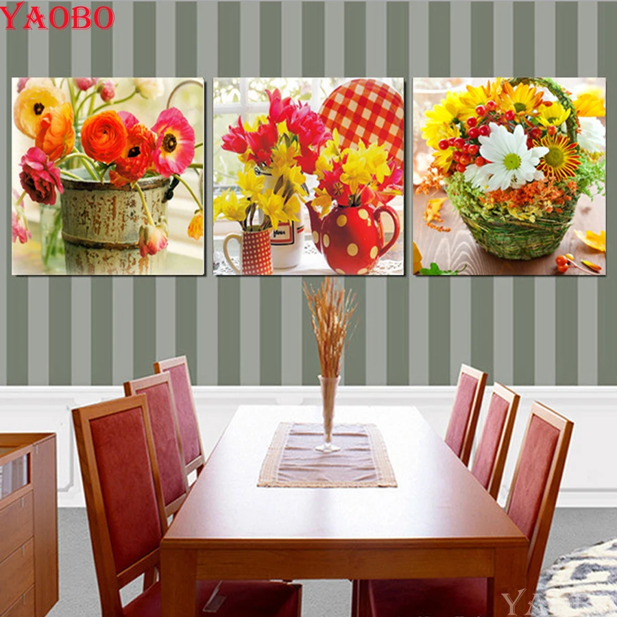 

Diy, алмазная живопись, натюрморт, цветочные корзины, Кухонное украшение, 5d алмазная вышивка, полный квадрат, 3 шт., фотообои