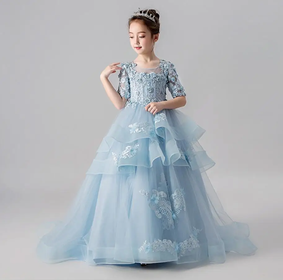 Голубое и белое Тюлевое платье с цветочным узором для девочек нарядное детское