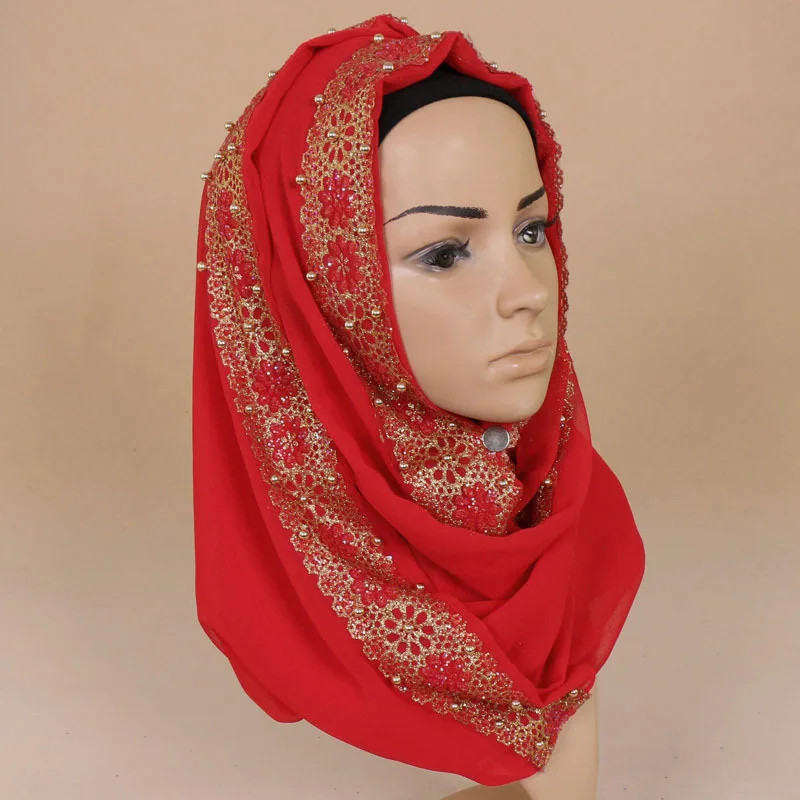 red Новые мусульманские, однотонные, кружевные, жемчужные, цветочные хиджабы, блестящий тюрбан с цветком, шарф ислам, Женский качественный шифоновый шарф с бисером - Цвет: red