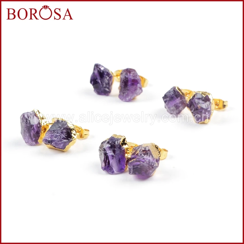 Серьги гвоздики BOROSA из натурального фиолетового золота с аметистом ювелирные