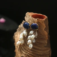manual original natural lapis lazuli high end earrings pearl tassel temperament