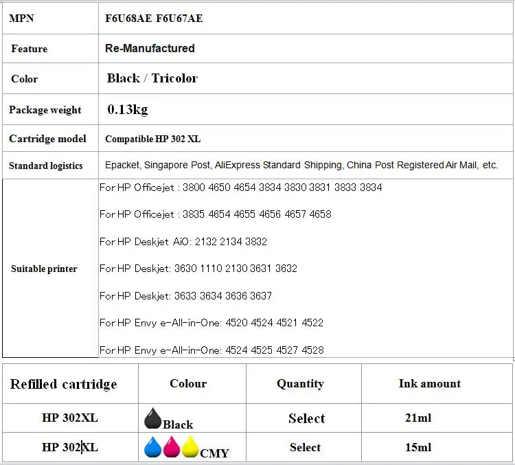 F6U68AE F6U67AE сменный чернильный картридж для hp 302 302XL для hp Envy 4520 4521 4522 4524 4525 4527 4528 е-все-в-одном принтера