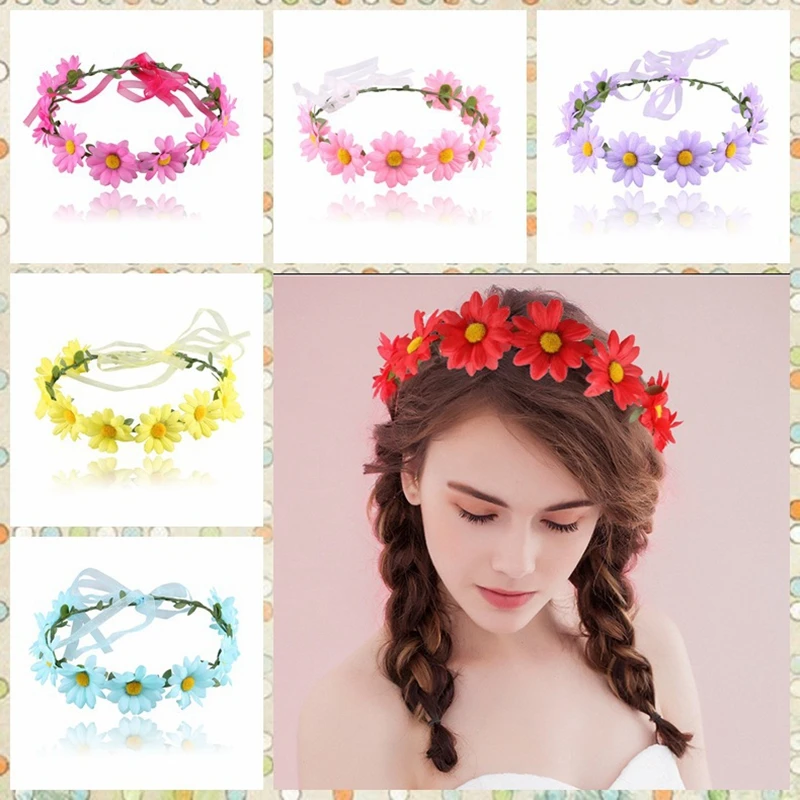 

Daisy Flower Crown Women Wedding Floral Head Wreath Bridesmaid Bridal Party Garland Headpiece Female Holiday Hair accessories