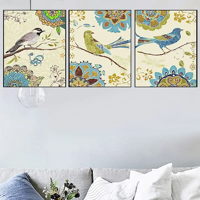 11 Happy birds DIY масляная краска по номерам деревья листья Триптих картинки животные абстрактная краска Настенная Наклейка раскраска пейзаж подарок домашний декор - Цвет: 11 Happy birds