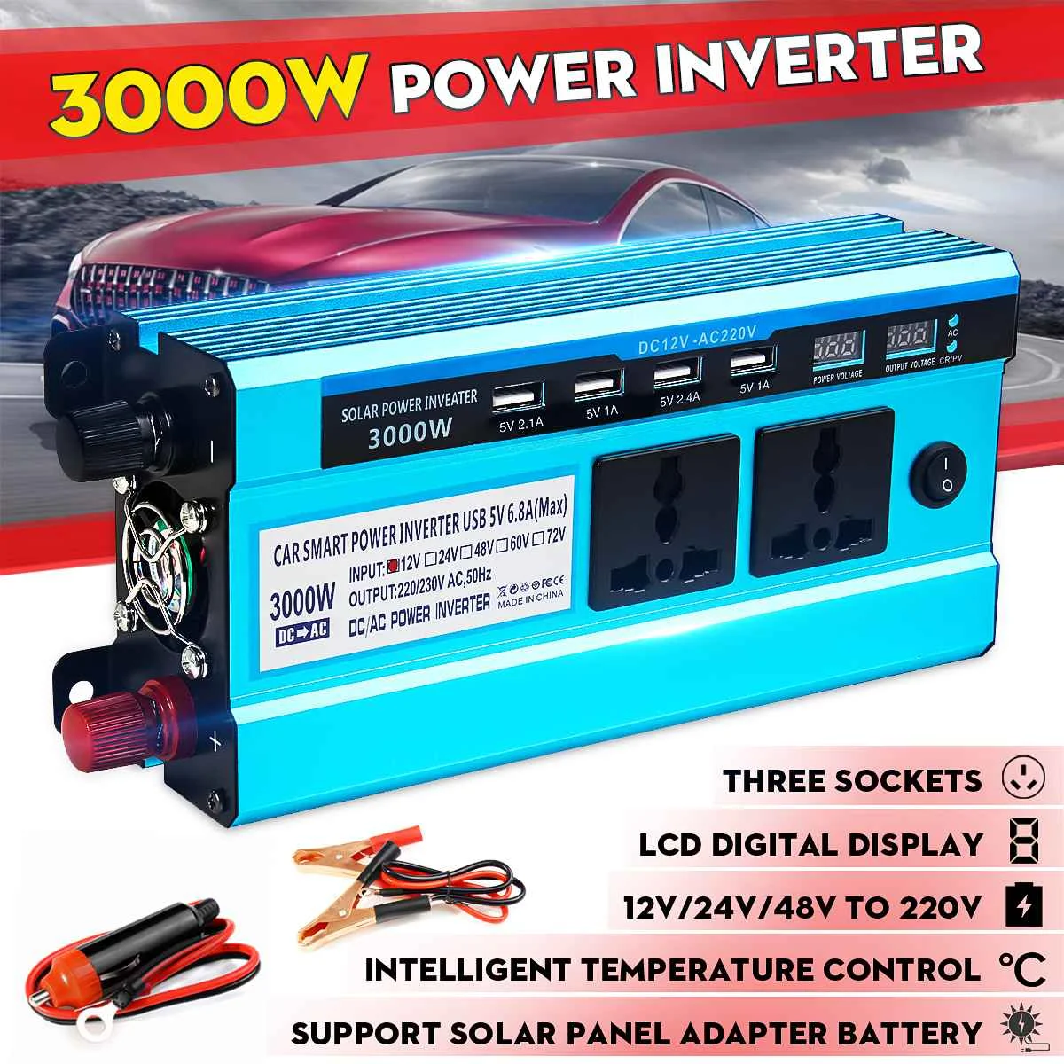 3000W Солнечный автомобильный домашний инвертор 12 в 24 в 48 В до 220 В 3000 Вт 4000 Вт 5000 Вт Инвертор преобразователь напряжения с 4 USB интерфейсами - Цвет: 3000W