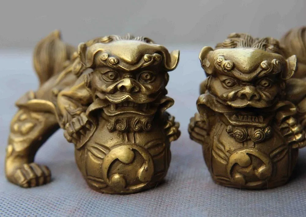Chinese Fengshui Animal Copper Brass Foo Dog Lion Kylin Unicorn Play Ball Statue | Statues &amp Sculptures